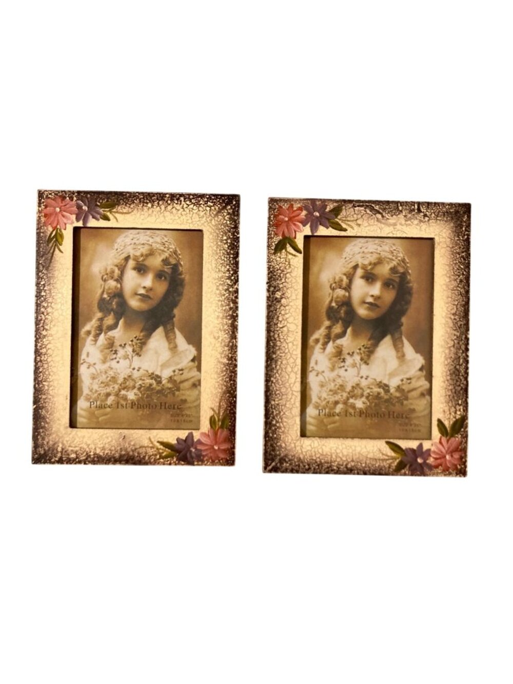 Set Of 2 Vintage Hand-Painted Floral Photo Frames With Crackle Finish 4"x6"